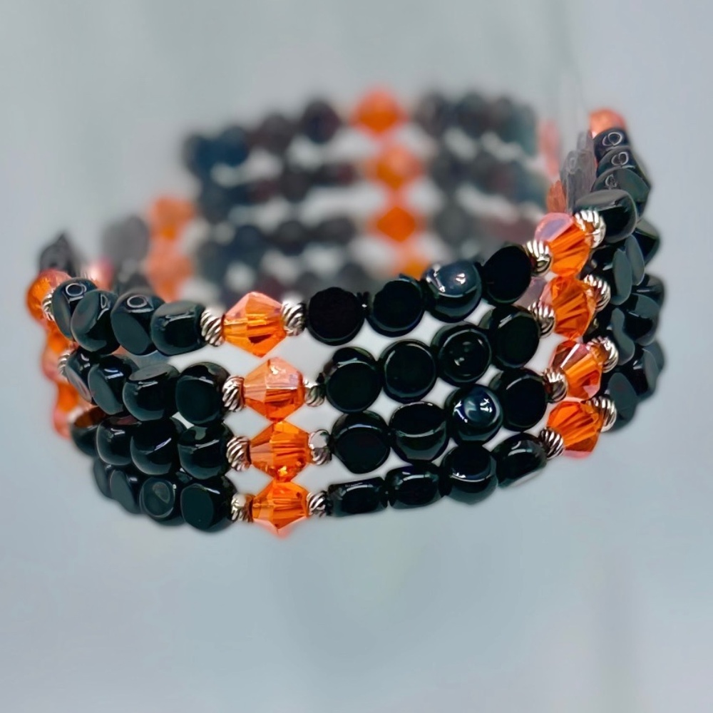 Halloween black and orange beaded wrap bracelet, handmade memory wire bracelet